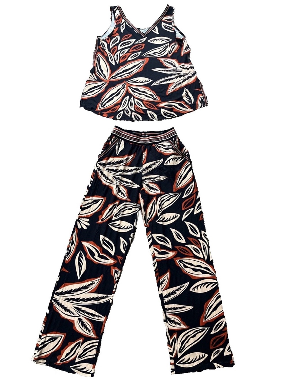 Janira Women's Top(Size-L) & Pants(Size-M) Set - Navy & Rust Leaf Print